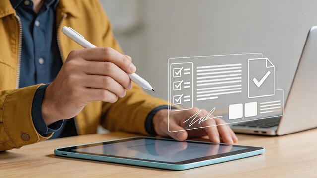 Person signing digital contract document on tablet with e-signature, online agreement approval checklist, paperless workflow, legal authorization form, remote work administrative