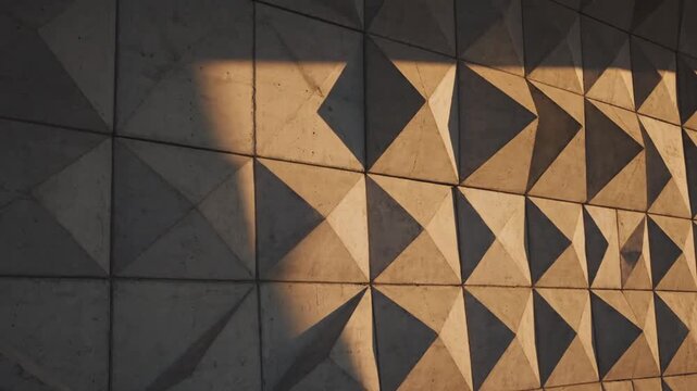 Geometric concrete wall with intricate pyramidal pattern and sunlight