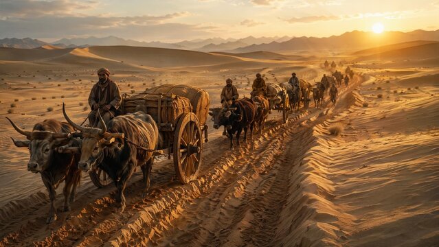 oxcart. Ancient oxcart caravan traveling on Silk Road desert during golden hour. mobility guides, transit brochures, designed for transport & logistics marketing, clarifies navigation.