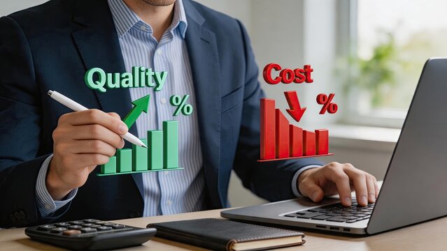 Businessman analyzing quality increase and cost decrease charts on laptop. Corporate strategy, efficiency improvement, profit maximization, management consulting, financial report