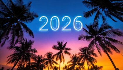 Obraz premium Tropical Sunset with Palm Trees and Year 2026 in Neon.