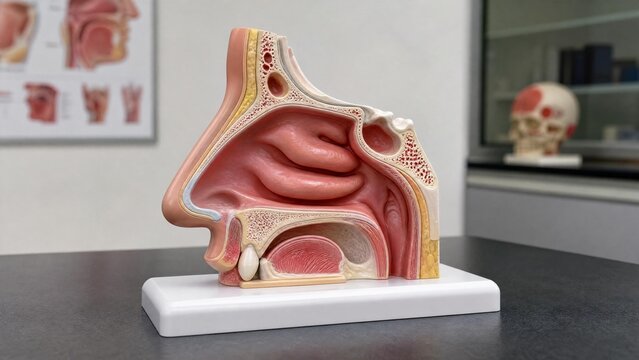 sinus. Clear nasal passage anatomical model, medical classroom setting. STEM education sheets, lab safety posters, designed for STEM education and laboratory safety posters, used by architects.