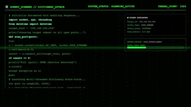 Hacking Python Code Terminal Port Scanning Cyber Attack Animation.
