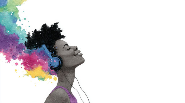 A woman wearing headphones enjoys music, with a vibrant, colorful watercolor splash exploding from her hair, symbolizing creativity, auditory inspiration, and the emotional power of sound.