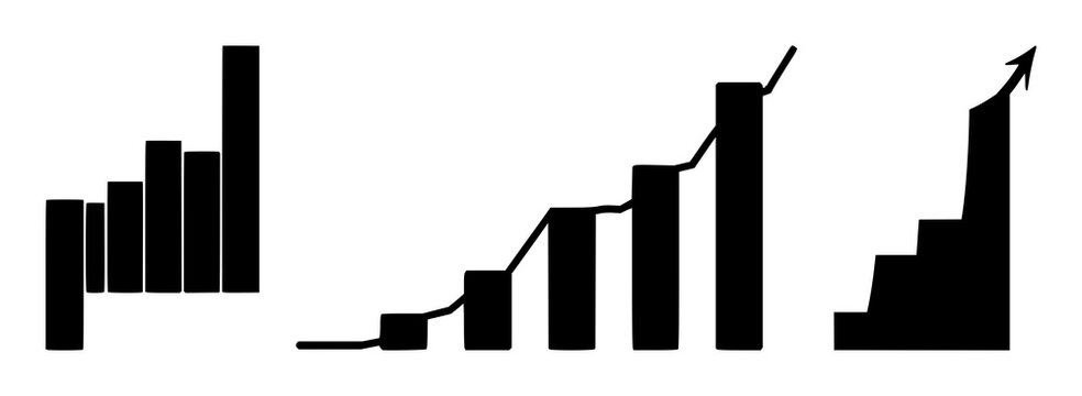 Solid black icon, white background: upward stock candlestick chart set with simple line art design featuring sketches, drawings, vector graphics with minimalist and simple illustrations
