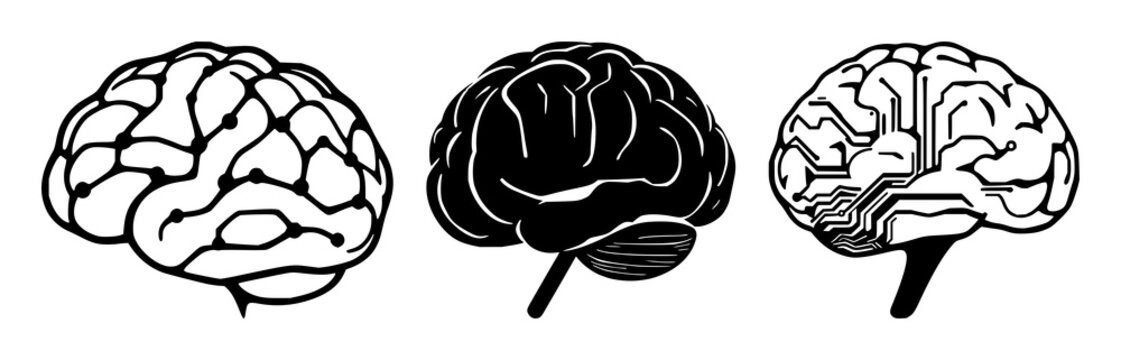 Solid black icon, white background: artificial intelligence brain with circuit lines set with simple line art design featuring line art, illustrations, graphic resources with vector and design elem...