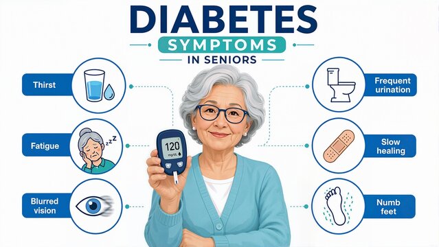 Infographic of diabetes symptoms in seniors. Elderly woman holding a blood glucose meter with health icons. Medical education chart