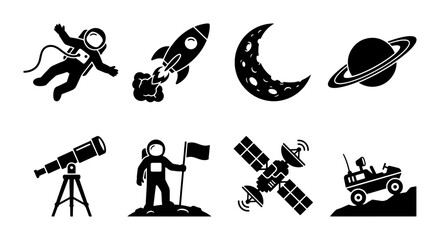 Space Exploration Icons: Astronaut, Rocket, Moon, Saturn, Telescope, Satellite, Rover © Mahfuz