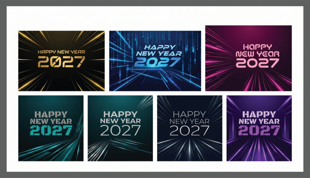 Collection of happy new year 2027 backgrounds featuring multi-colored light streaks and digital matrix patterns background colorful technology abstract celebration corporate template