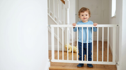 Toddler boy standing behind a white baby safety gate in a bright hallway. Young child at home with security barrier and wooden floor. Copy space for text