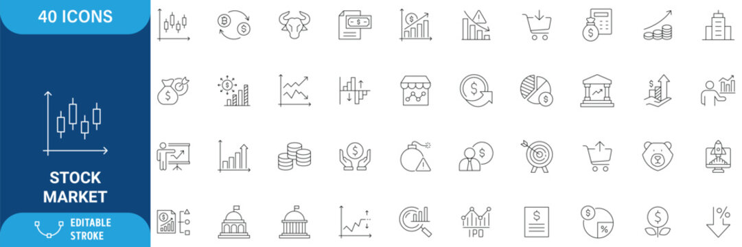 Stock market icon set. Containing stocks, stock exchange, financial goal, shares, investment, bull market, bear market, and more. line Icon. Vector illustration. Editable stroke