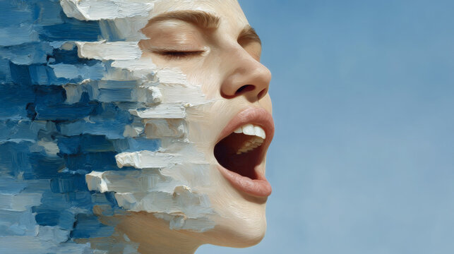A surreal digital artwork depicts a woman&rsquo;s face dissolving into blue and white textured brushstrokes against a soft blue sky, conveying a sense of emotional release, transformation, or fading reality