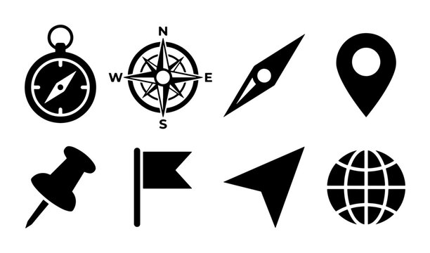 Navigation Icons Set: Compass, Map Pin, Globe, Flag, Pointer, GPS Symbols