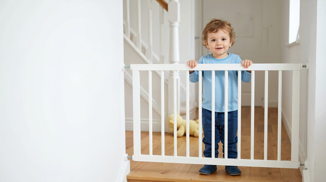 Toddler boy standing behind a white baby safety gate in a bright hallway. Young child at home with security barrier and wooden floor. Copy space for text