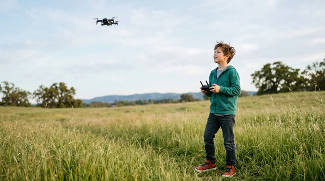 Young boy flying a drone in a grassy field. Child operating a quadcopter with a remote controller outdoors in nature