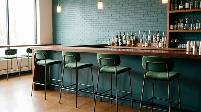 Stylish bar area with dark green velvet high stools and wooden counter. Modern pub interior with teal brick wall and ambient lighting
