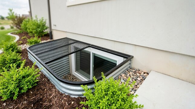 Exterior basement window well with metal safety grate cover. Residential house foundation window with landscaping and river rocks