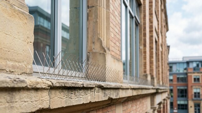 Stainless steel bird spikes on a weathered stone ledge. Pest control barrier on brick building facade