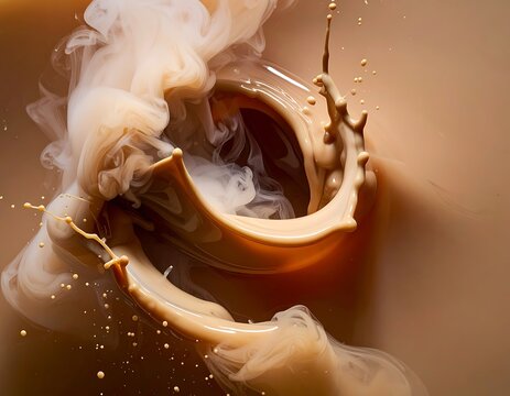 Brown liquid splashing and swirling dynamically.