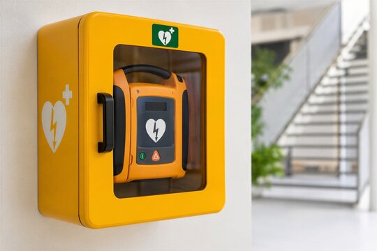 Bright Yellow Defibrillator on Wall Display