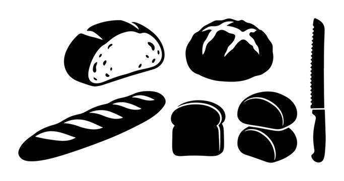 Bakery Bread Icons, Fresh Baked Goods Vector Set, Sourdough Loaf, Baguette, Rolls, Sliced Bread, Knife
