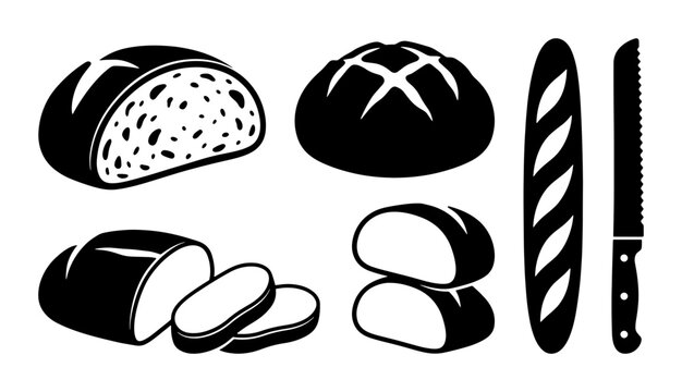 Artisan Bread Collection, Bakery Icons, Sourdough Loaves, Baguette, Knife, Vector Set