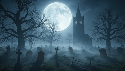 Fototapeta premium Gothic graveyard in blue moonlight, misty cemetery with tombstones, spooky Halloween night landscape background