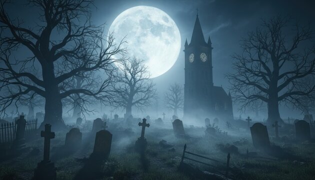 Gothic graveyard in blue moonlight, misty cemetery with tombstones, spooky Halloween night landscape background