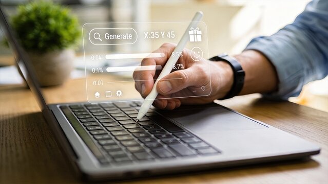 Close up of hand using stylus on laptop touchpad with holographic generate interface, data analysis percentages and settings, modern creative workspace with plant background