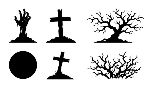 Spooky Halloween Vector Icons: Zombie Hand, Gravestones, Bare Trees, and Moon Silhouette Set