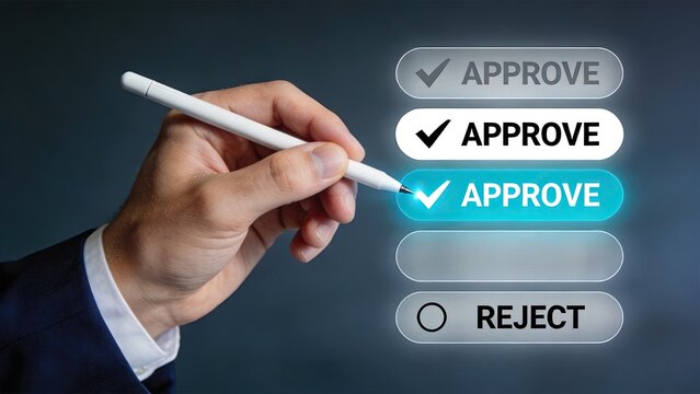 Hand using stylus to select approve button on digital interface, online authorization and decision making concept with checkmark and reject options for workflow management and