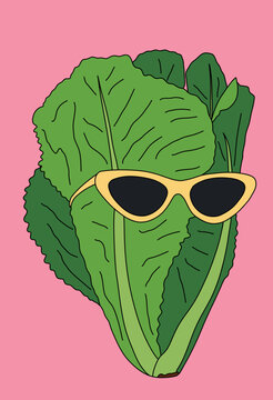 Fresh Green Leafy Lettuce with Yellow Sunglasses Isolated on Pink Background. Fun Healthy Eating Concept Icon