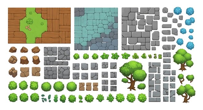 Top down city map elements and trees set for game design and art