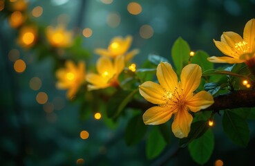 Obraz premium Yellow flowers bloom on dark branch with small lights. Green leaves grow near glowing petals in twilight forest. Nature scene creates mystical atmosphere with soft bokeh.