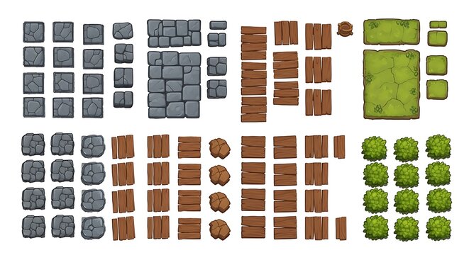 Top down game assets for map building with trees paths and grass