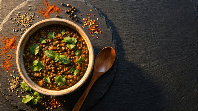 Lentil curry bowl with herbs and spices on dark stone surface