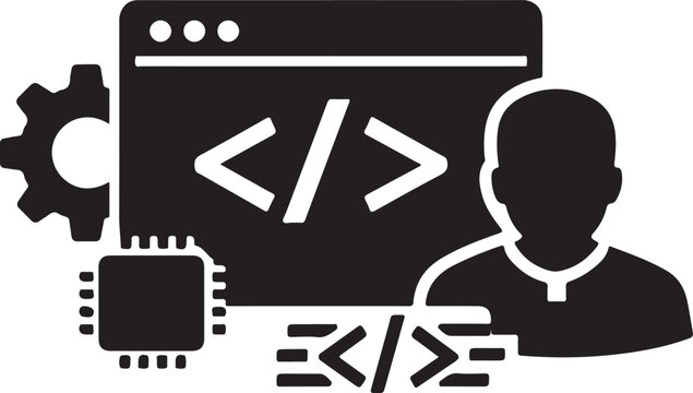 Software development icon, solid black silhouette for coding, programming and application design