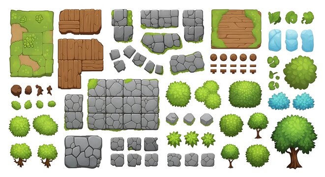 Top down game map elements with trees stone paths and grass tiles