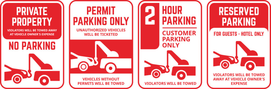 Private property parking restriction labels. Set of clear traffic signage for managed parking lots.