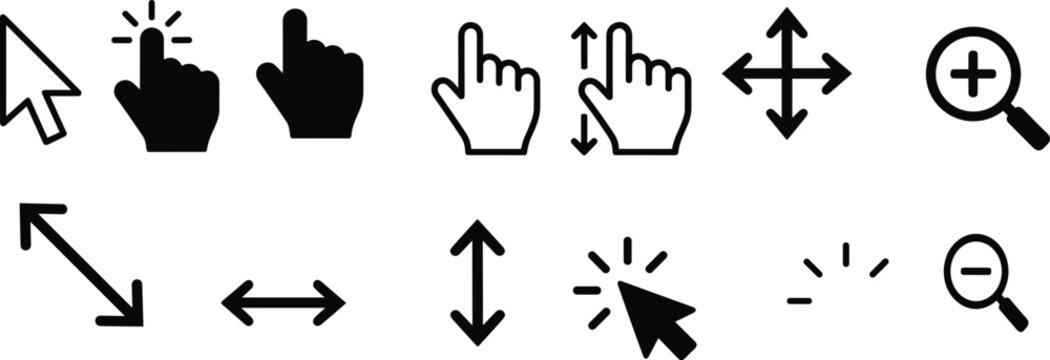 Black silhouette illustration of computer cursor icons including arrows, hands, magnifying glasses, and resize symbols for digital interface design