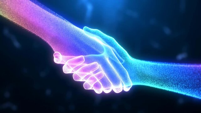 Futuristic digital hands reaching out and shaking in a virtual space. Symbolizing connection, collaboration, and technological advancement