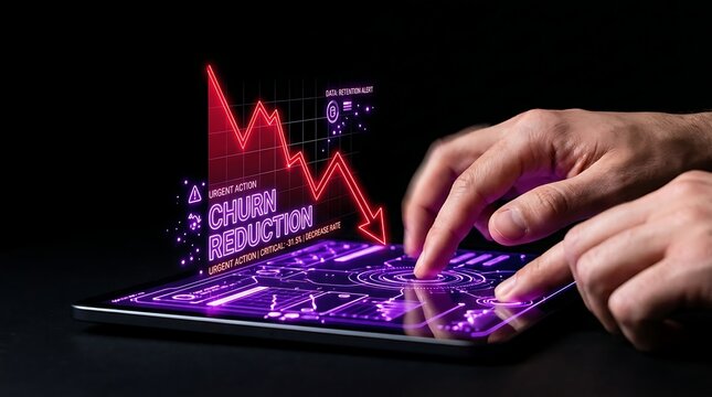 Digital Tablet Displaying Churn Reduction Graph and Data.