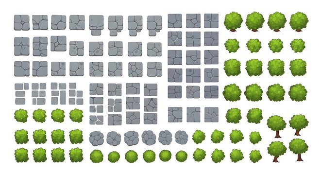 Top view map icons for game design with trees and building blocks