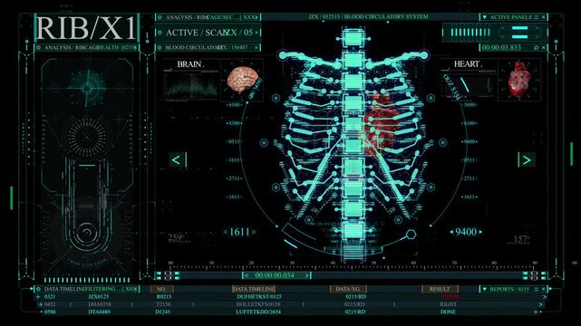 This advanced motion graphics template presents a futuristic medical diagnostic Heads-Up Display (HUD) interface, perfect for visualizing complex biological data. It features a detailed animated scan 