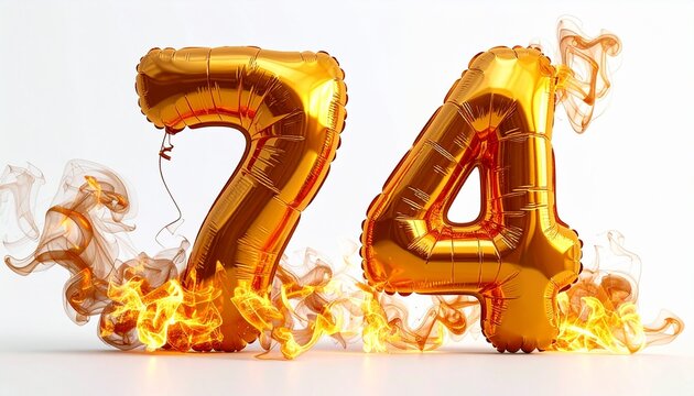 Shiny gold balloons on fire with number seventy four.