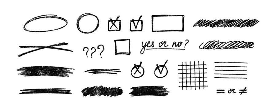 Hand drawn charcoal pencil stroke texture vector set. Graphite crayon or chalk sketch elements including frames, circles, checkboxes, ticks, question marks, crosses, grids, scribble highlighter marks.