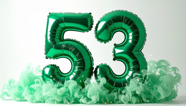 Green balloons shaped like the number 53 surrounded by green flowers on white