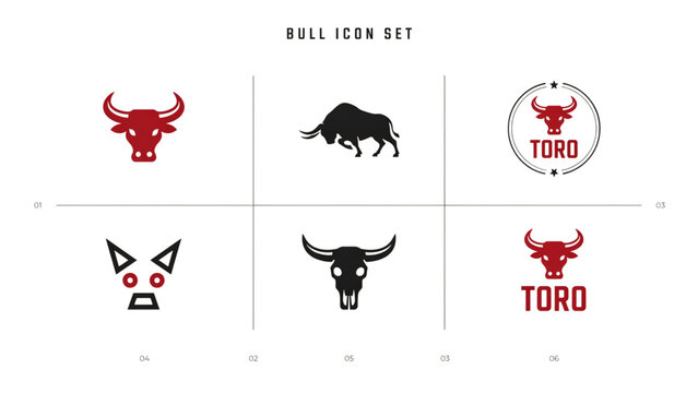 Collection of bull and toro brand logos with stylized heads