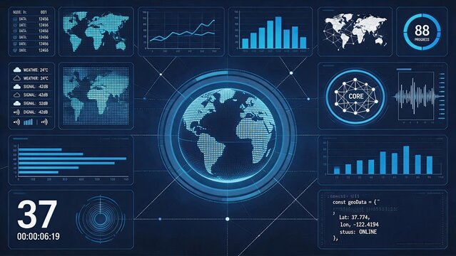 Futuristic global data dashboard screen with world map graphs charts network connection core system status code coordinates latitude longitude online progress bar technology