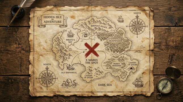 Vintage treasure map with compass and quill on wooden table